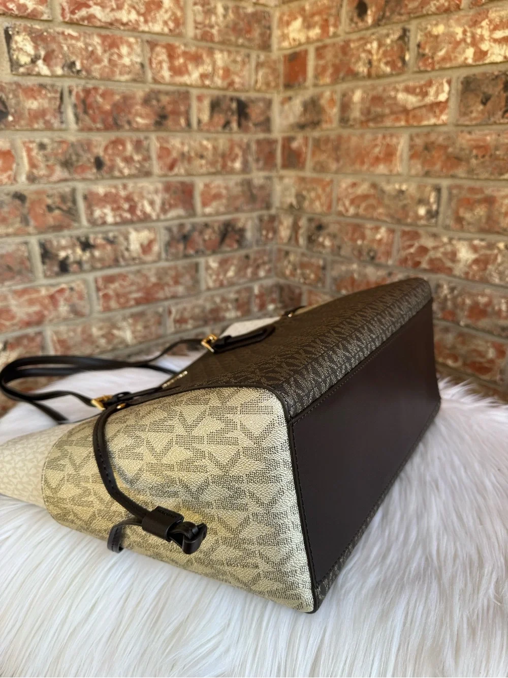 Michael Kors Women's Signature Logo Brown and Cream Tote Bag